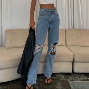 Princess Polly Holly Asymmetrical Ripped Jeans Light Wash Denim. Size: 4